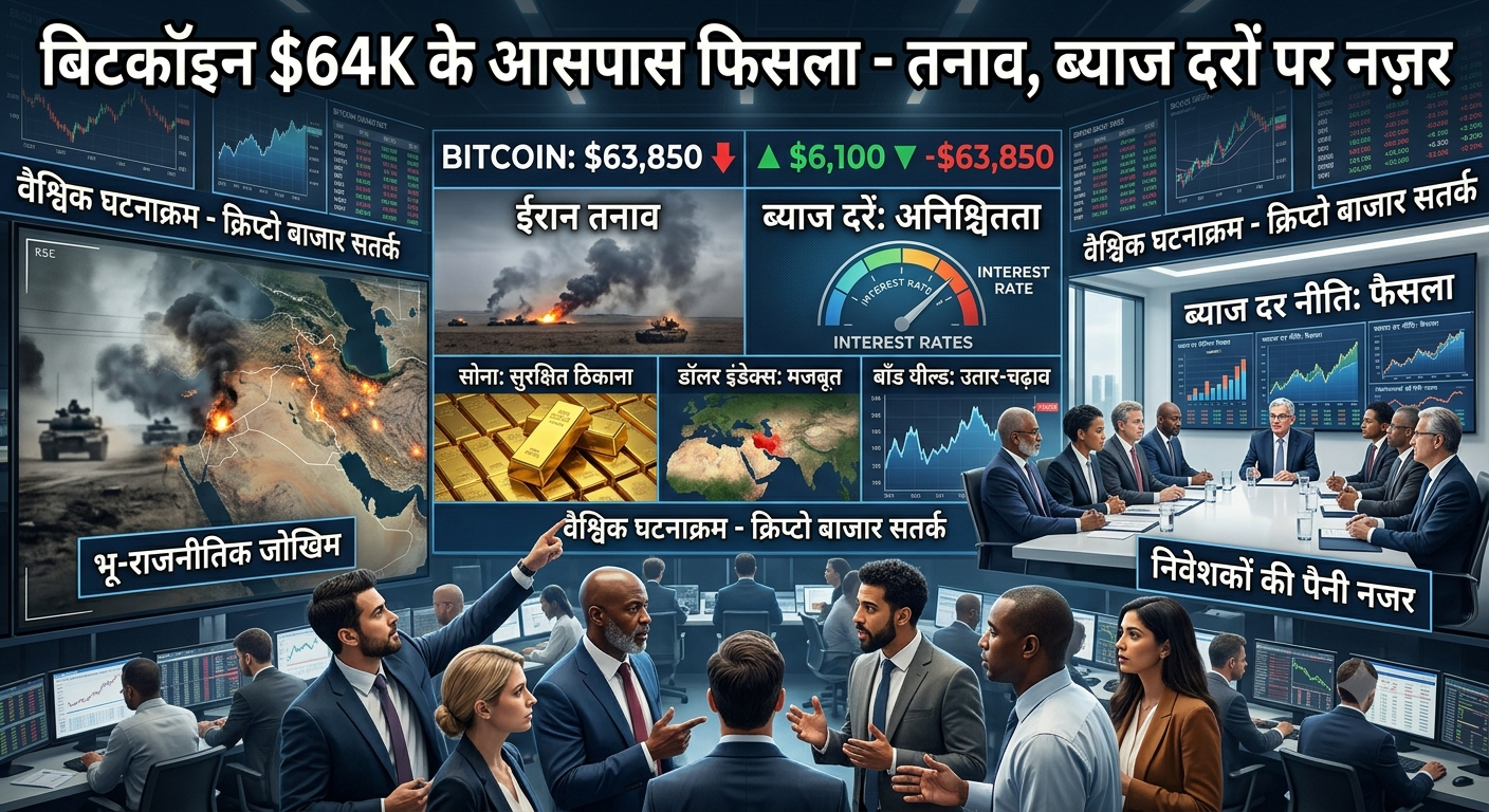 बिटकॉइन $64k पर थोड़ा गिरा, ईरान तनाव और ब्याज दरों पर नजर