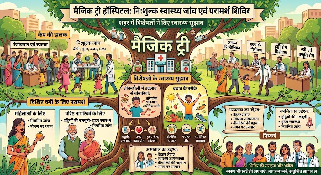 मैजिक ट्री हॉस्पिटल के हेल्थ कैंप में विशेषज्ञों ने मरीजों को दिए स्वास्थ्य सुझाव