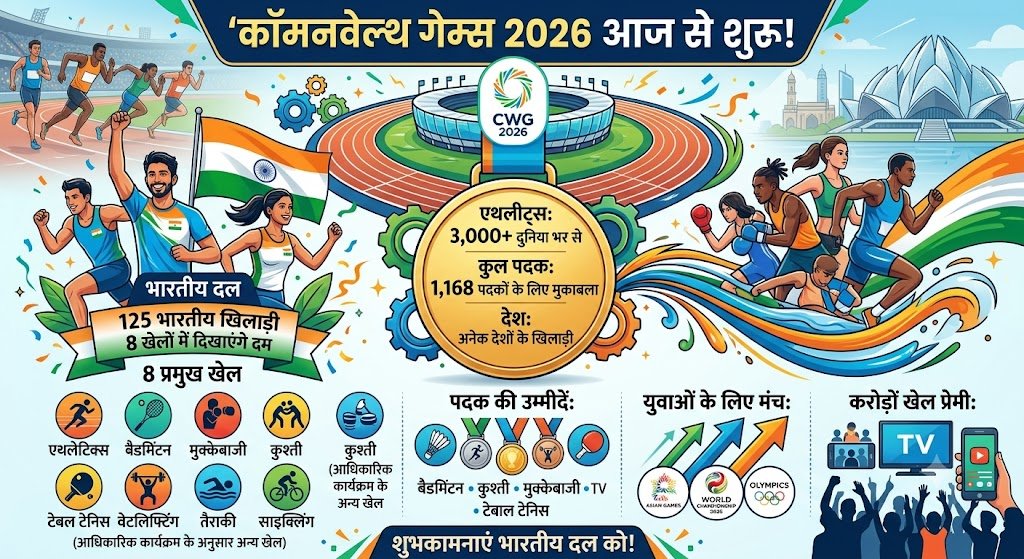 कॉमनवेल्थ गेम्स 2026 आज से: 125 भारतीय खिलाड़ी 8 खेलों में दिखाएंगे दम, 1,168 पदकों के लिए 3,000 से अधिक एथलीट्स में होगी टक्कर
