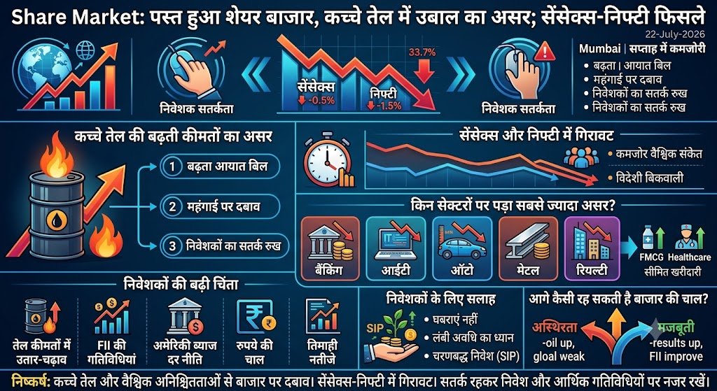 पस्त हुआ शेयर बाजार, कच्चे तेल में उबाल का दिख रहा असर सेंसेक्स-निफ्टी फिसले